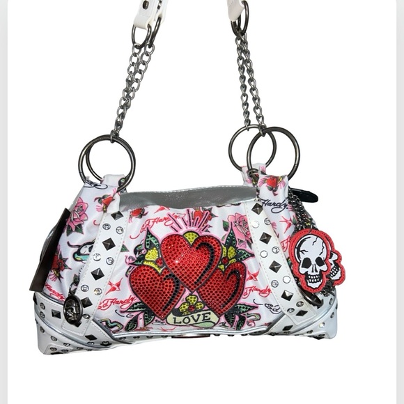 *RESERVED* ED HARDY BLING WHITE SATCHEL SKULLS RHINESTONE HEARTS ROSES CHARMS - Picture 2 of 15